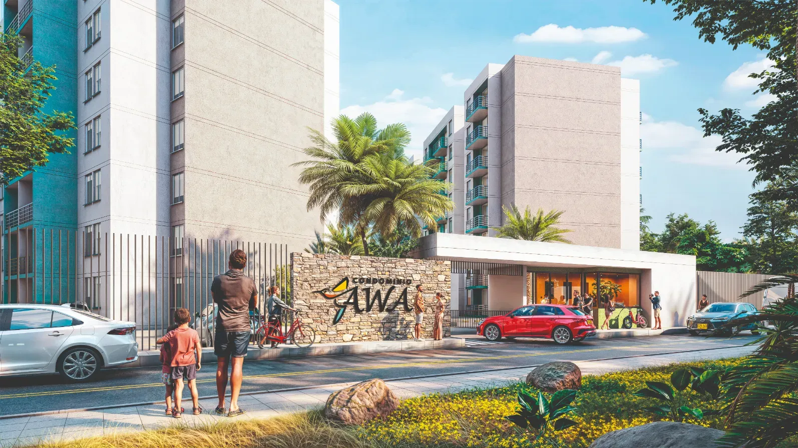 Entrada principal del Condominio AWA con entrada vehicular y peatonal.